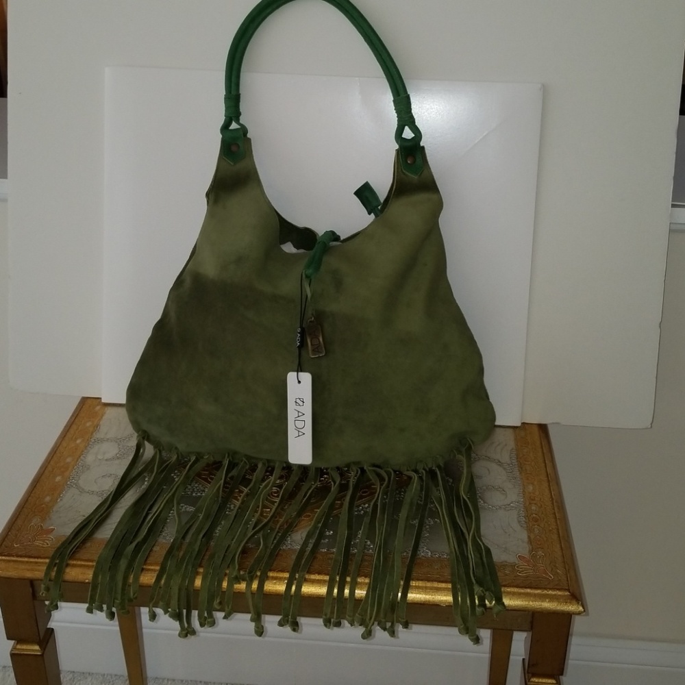 ADA COLLECTION GREEN SUEDE FRINGE HOBO CHICK BAG - Picture 5 of 7